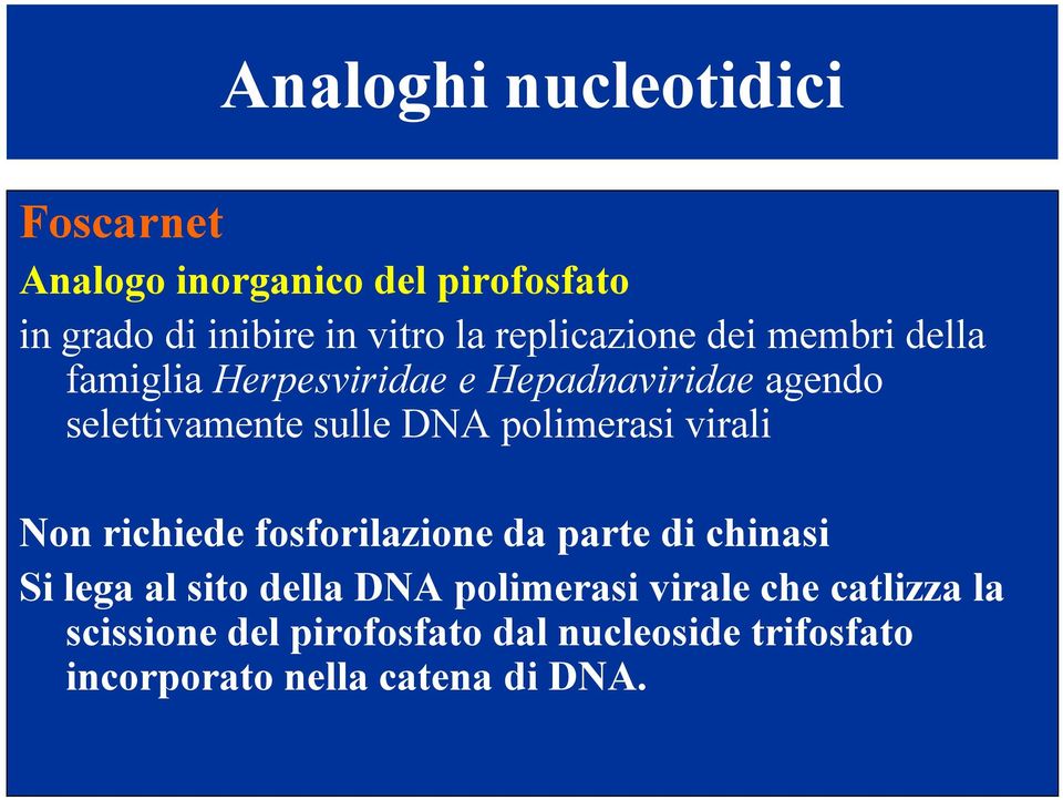 polimerasi virali Non richiede fosforilazione da parte di chinasi Si lega al sito della DNA polimerasi