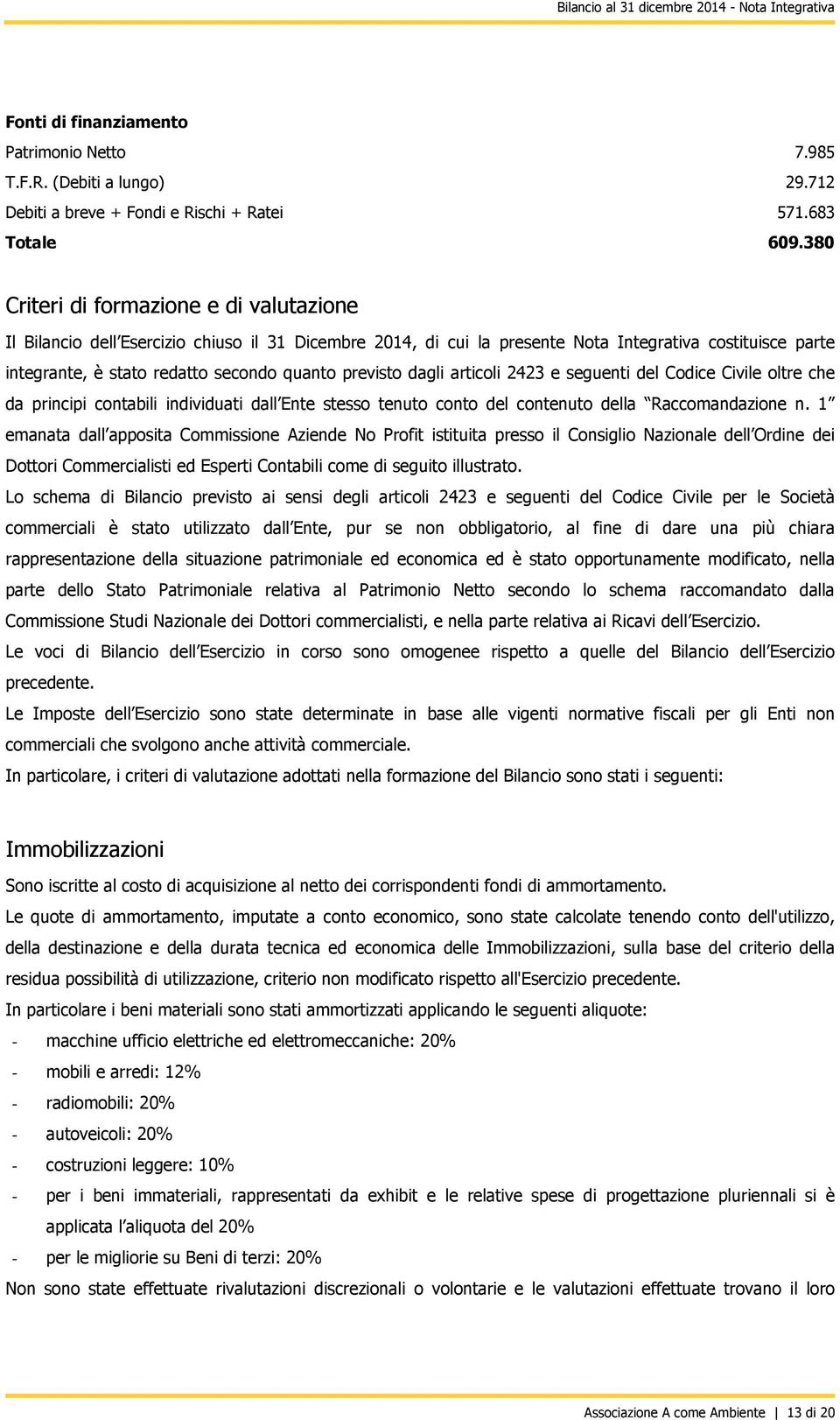 previsto dagli articoli 2423 e seguenti del Codice Civile oltre che da principi contabili individuati dall Ente stesso tenuto conto del contenuto della Raccomandazione n.