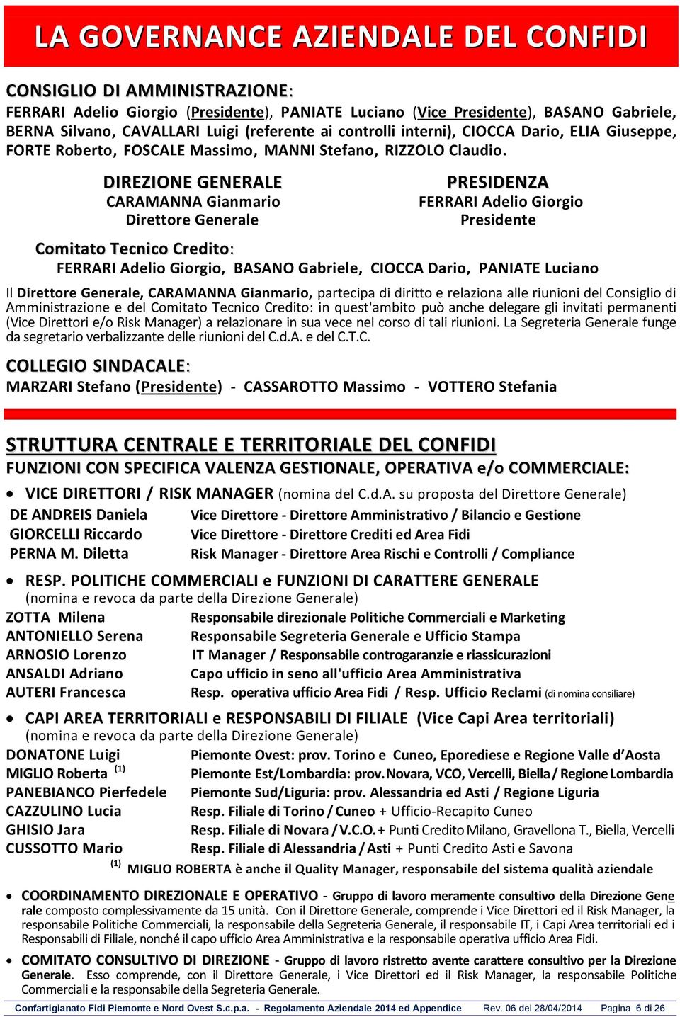 DIREZIONE GENERALE CARAMANNA Gianmario Direttore Generale PRESIDENZA FERRARI Adelio Giorgio Presidente Comitato Tecnico Credito: FERRARI Adelio Giorgio, BASANO Gabriele, CIOCCA Dario, PANIATE Luciano