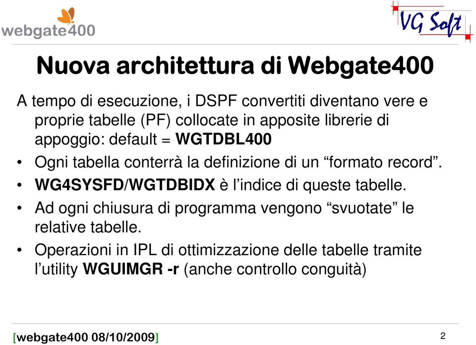 formato record. WG4SYSFD/WGTDBIDX è l indice di queste tabelle.