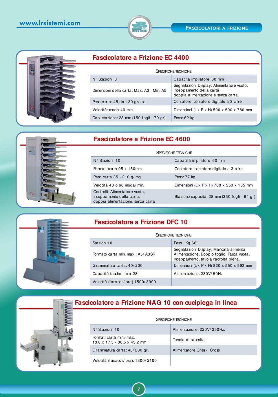 stazione: 28 mm (150 fogli - 70 gr) Dimensioni (L x P x H) 500 x 500 x 780 mm Peso: 62 kg Fascicolatore a Frizione EC 4600 N Stazioni: 10 Capacità impilatore: 60 mm Formati carta 95 x 150mm Peso