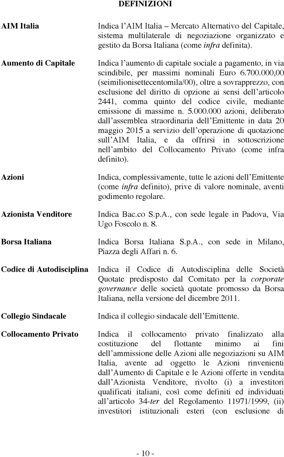 000,00 (seimilionisettecentomila/00), oltre a sovrapprezzo, con esclusione del diritto di opzione ai sensi dell articolo 2441, comma quinto del codice civile, mediante emissione di massime n.