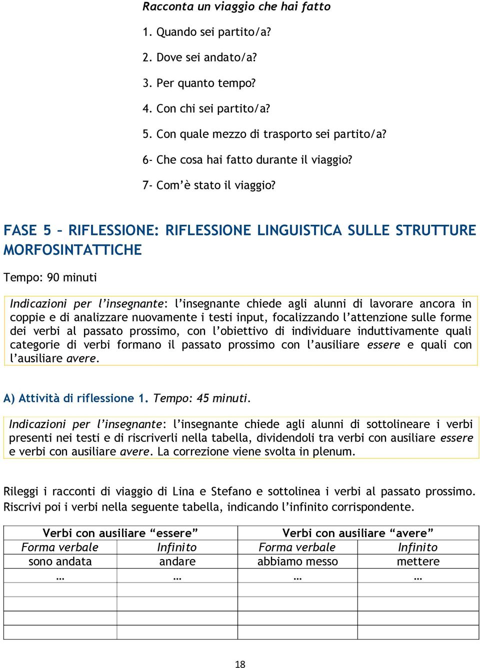 FASE 5 RIFLESSIONE: RIFLESSIONE LINGUISTICA SULLE STRUTTURE MORFOSINTATTICHE Tempo: 90 minuti Indicazioni per l insegnante: l insegnante chiede agli alunni di lavorare ancora in coppie e di