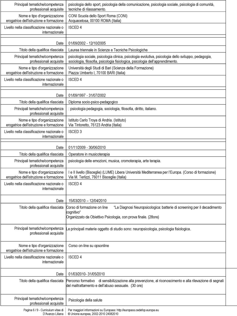 evolutiva, psicologia dello sviluppo, pedagogia, sociologia, filosofia, psicologia fisiologica, psicologia dell apprendimento.