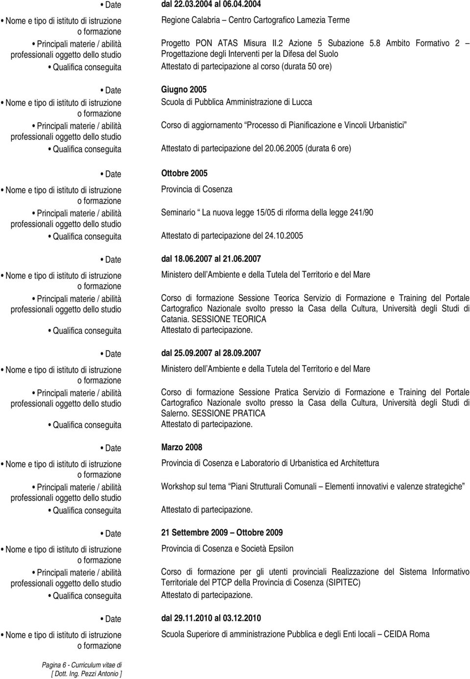 8 Ambito Formativo 2 Progettazione degli Interventi per la Difesa del Suolo Qualifica conseguita Attestato di partecipazione al corso (durata 50 ore) Date Giugno 2005 Nome e tipo di istituto di