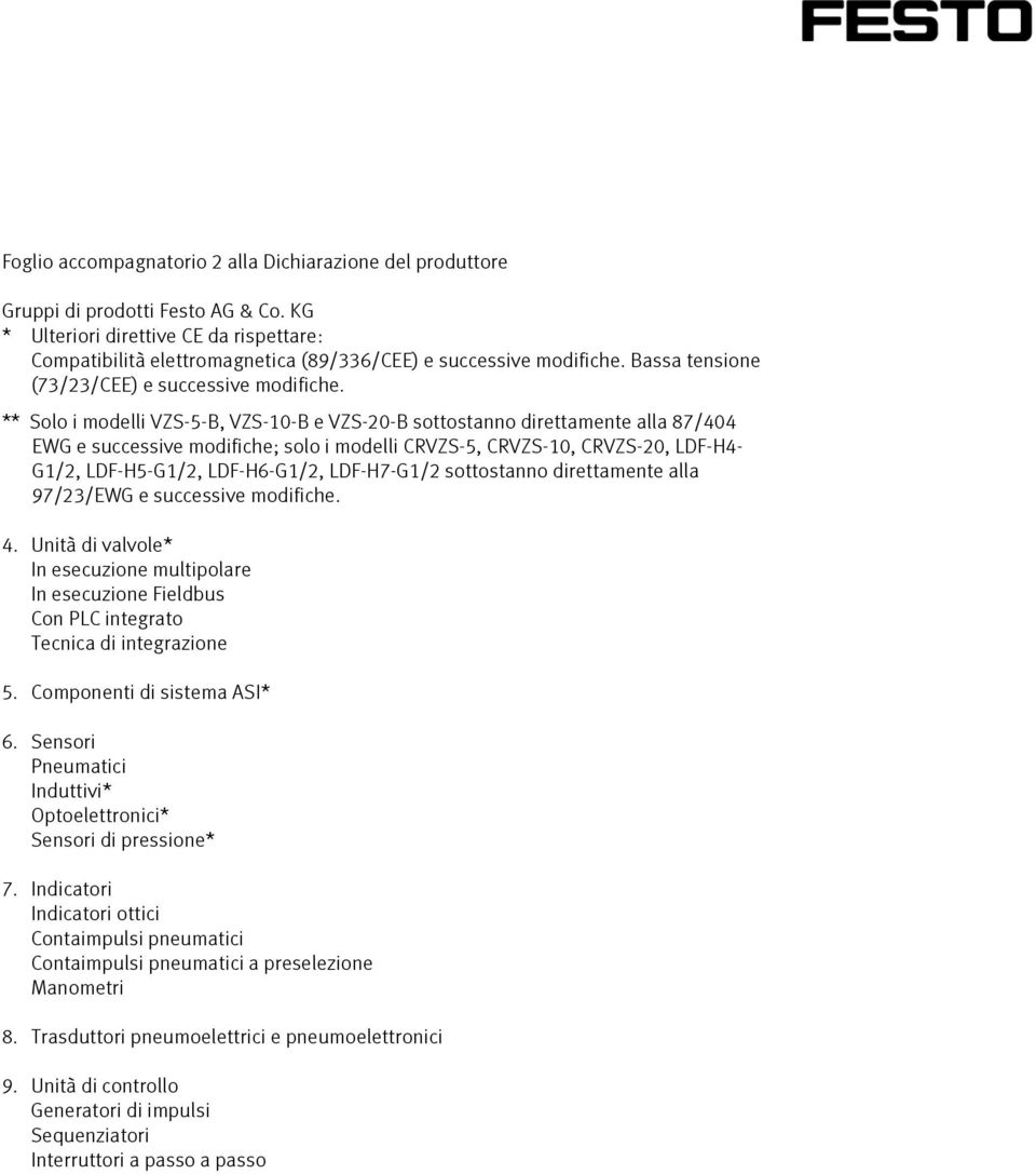** Solo i modelli VZS-5-B, VZS-10-B e VZS-20-B sottostanno direttamente alla 87/404 EWG e successive modifiche; solo i modelli CRVZS-5, CRVZS-10, CRVZS-20, LDF-H4- G1/2, LDF-H5-G1/2, LDF-H6-G1/2,