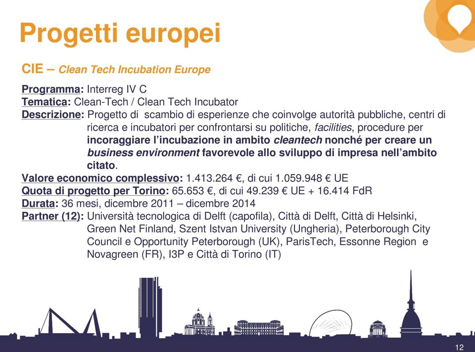 sviluppo di impresa nell ambito citato. Valore economico complessivo: 1.413.264, di cui 1.059.948 UE Quota di progetto per Torino: 65.653, di cui 49.239 UE + 16.