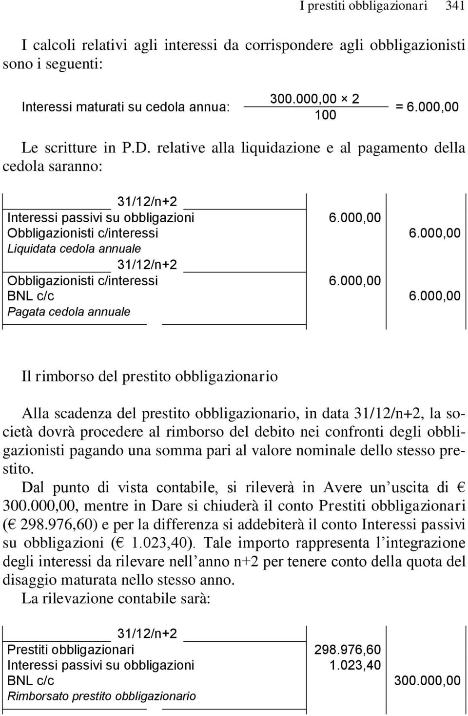 000,00 Liquidata cedola annuale 31/12/n+2 Obbligazionisti c/interessi 6.000,00 BNL c/c 6.