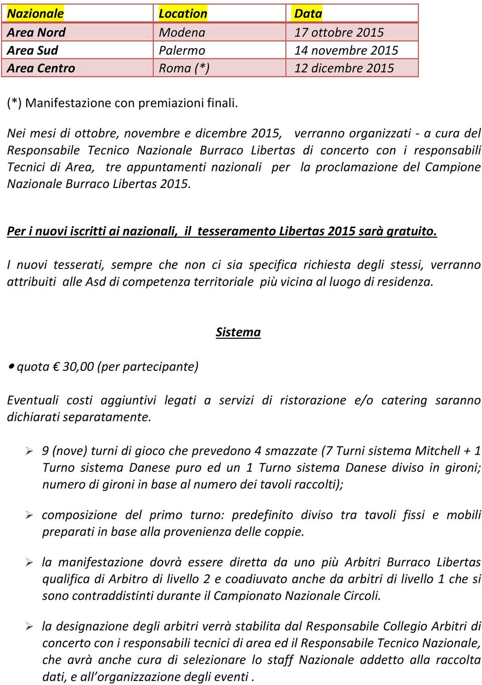 nazionali per la proclamazione del Campione Nazionale Burraco Libertas 2015. Per i nuovi iscritti ai nazionali, il tesseramento Libertas 2015 sarà gratuito.