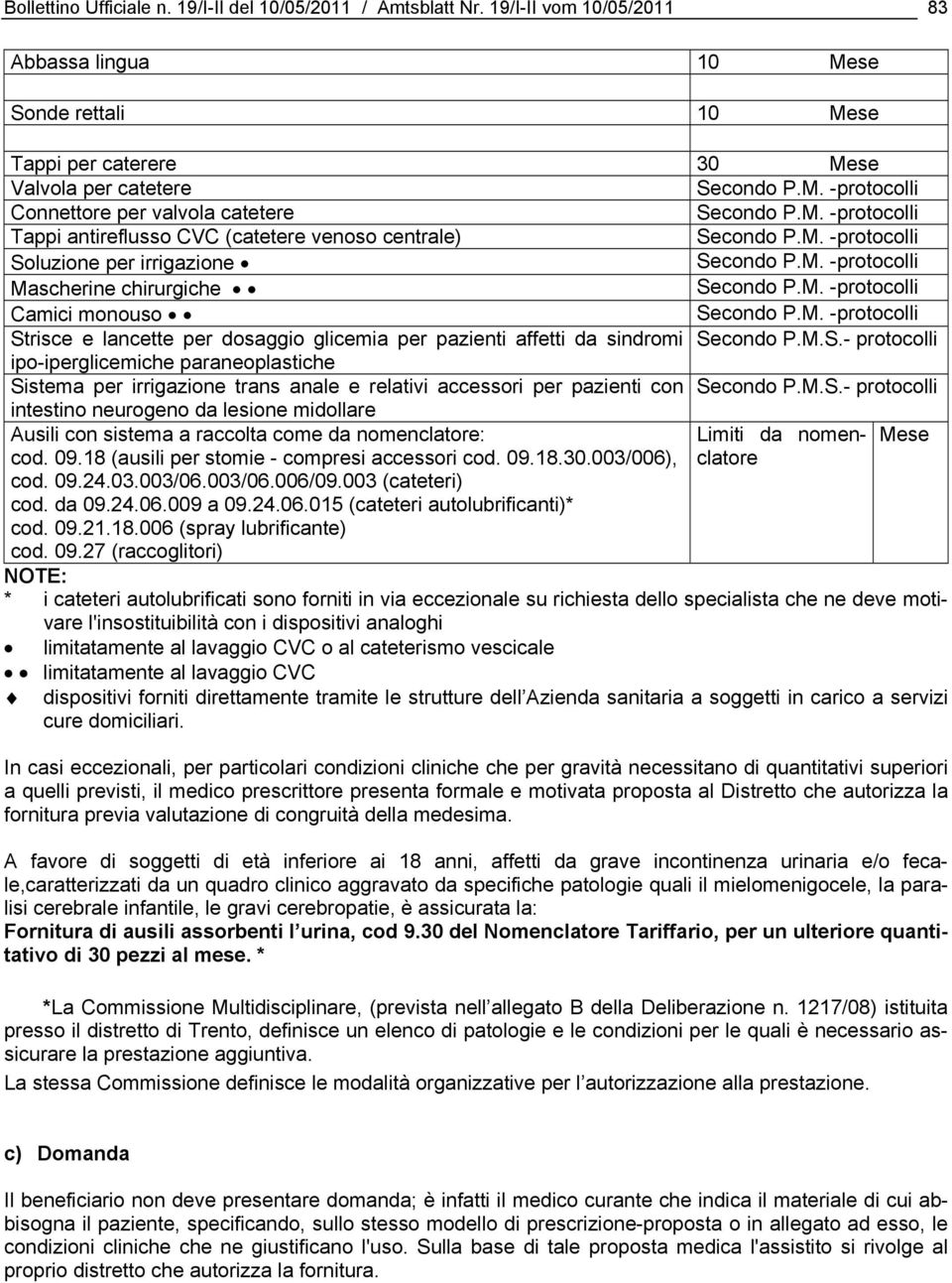 centrale) Soluzione per irrigazione Mascherine chirurgiche Camici monouso Strisce e lancette per dosaggio glicemia per pazienti affetti da sindromi Secondo P.M.S.- protocolli ipo-iperglicemiche paraneoplastiche Sistema per irrigazione trans anale e relativi accessori per pazienti con Secondo P.