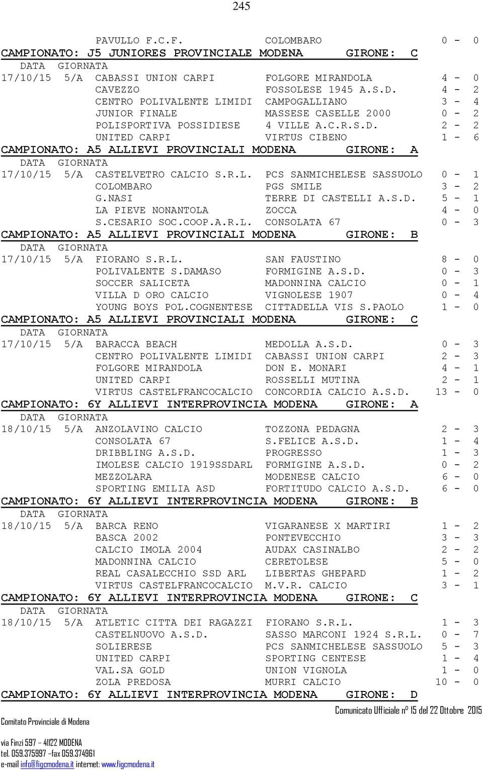 NASI TERRE DI CASTELLI A.S.D. 5-1 LA PIEVE NONANTOLA ZOCCA 4-0 S.CESARIO SOC.COOP.A.R.L. CONSOLATA 67 0-3 CAMPIONATO: A5 ALLIEVI PROVINCIALI MODENA GIRONE: B 17/10/15 5/A FIORANO S.R.L. SAN FAUSTINO 8-0 POLIVALENTE S.