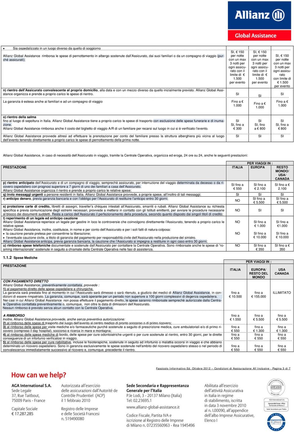 Allianz Global Assistance organizza e prende a proprio carico le spese di rientro., 150 per notte con un max 3 notti per ogni assicurato con il limite di 1.