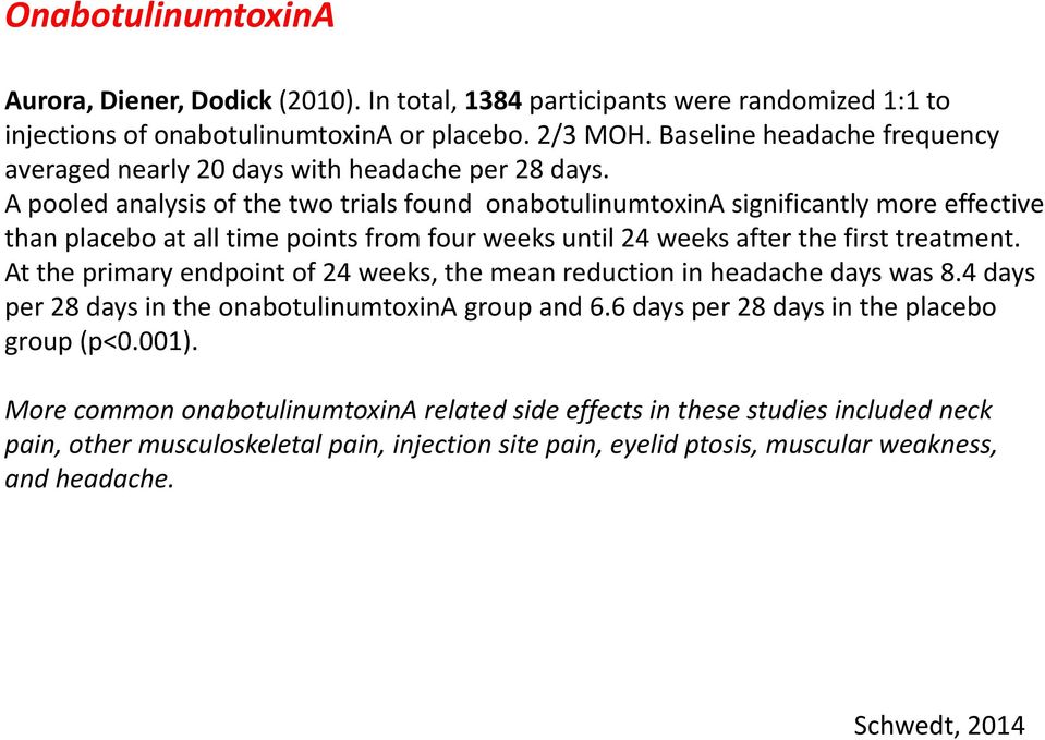 A pooled analysis of the two trials found onabotulinumtoxina significantly more effective than placebo at all time points from four weeks until 24 weeks after the first treatment.