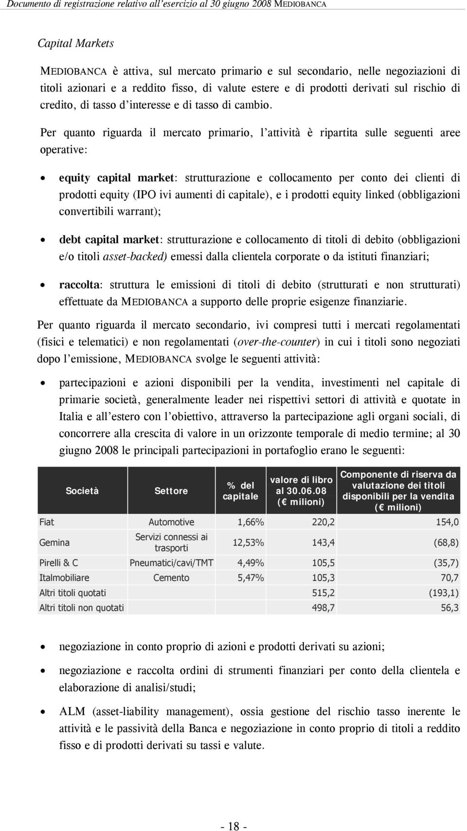 Per quanto riguarda il mercato primario, l attività è ripartita sulle seguenti aree operative: equity capital market: strutturazione e collocamento per conto dei clienti di prodotti equity (IPO ivi