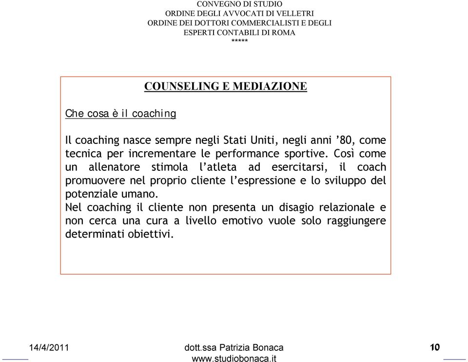 Così come un allenatore stimola l atleta ad esercitarsi, il coach promuovere nel proprio cliente l espressione e