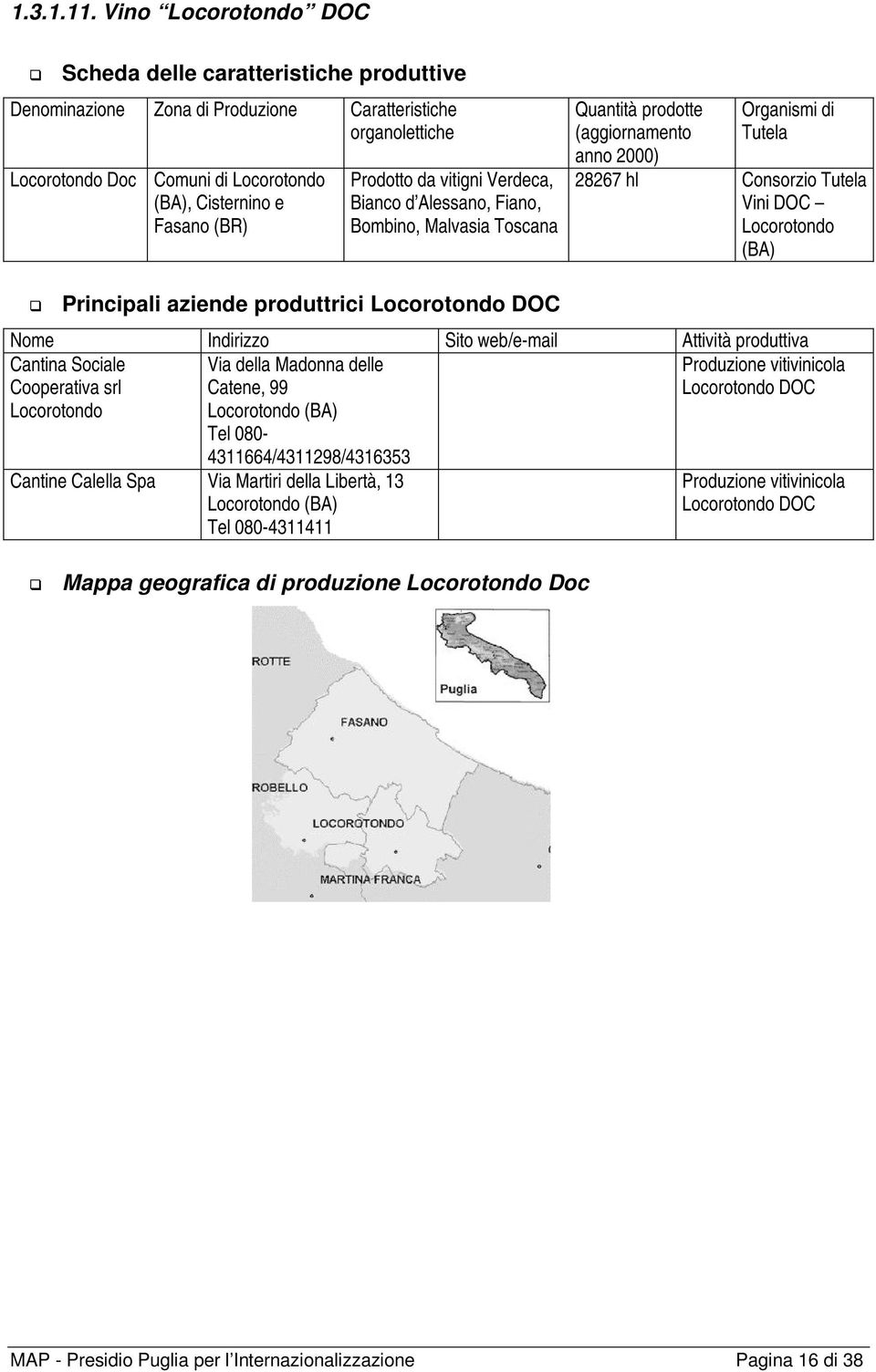 Alessano, Fiano, Bombino, Malvasia Toscana Quantità prodotte (aggiornamento anno 28267 hl Consorzio Vini DOC Locorotondo (BA) Principali aziende produttrici Locorotondo DOC Nome Indirizzo Sito