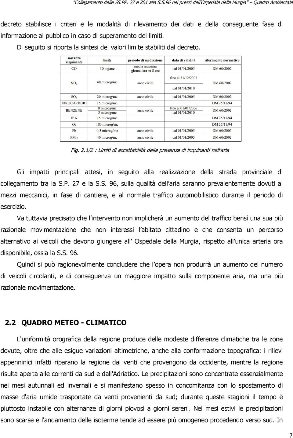 1/2 : Limiti di accettabilità della presenza di inquinanti nell'aria Gli impatti principali attesi, in seguito alla realizzazione della strada provinciale di collegamento tra la S.