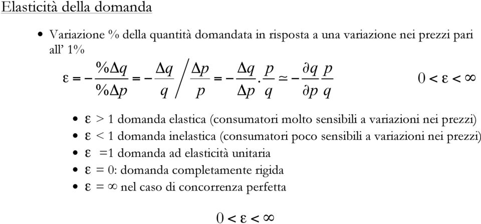 q p p q 0 <ε< ε > 1 domanda elastica (consumatori molto sensibili a variazioni nei prezzi) ε < 1 domanda