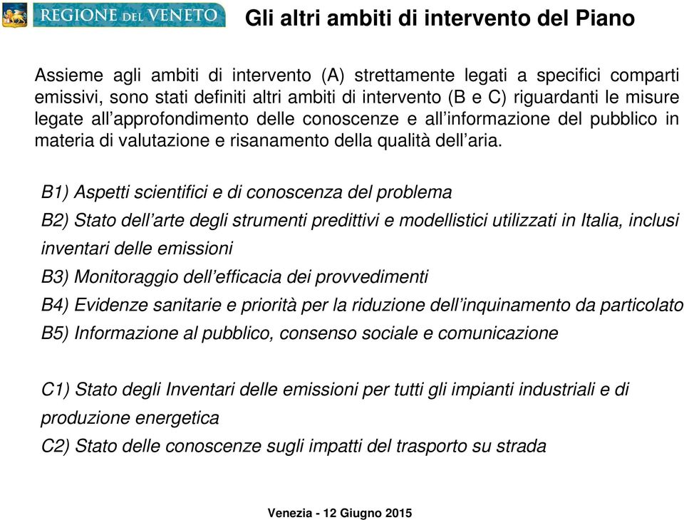 B1) Aspetti scientifici e di conoscenza del problema B2) Stato dell arte degli strumenti predittivi e modellistici utilizzati in Italia, inclusi inventari delle emissioni B3) Monitoraggio dell