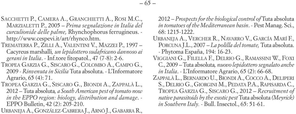 , SISCARO G., COLOMBO A., CAMPO G., 2009 - Rinvenuta in Sicilia Tuta absoluta. - L Informatore Agrario, 65 (4): 71. TROPEA GARZIA G., SISCARO G., BIONDI A., ZAPPALÀ L.