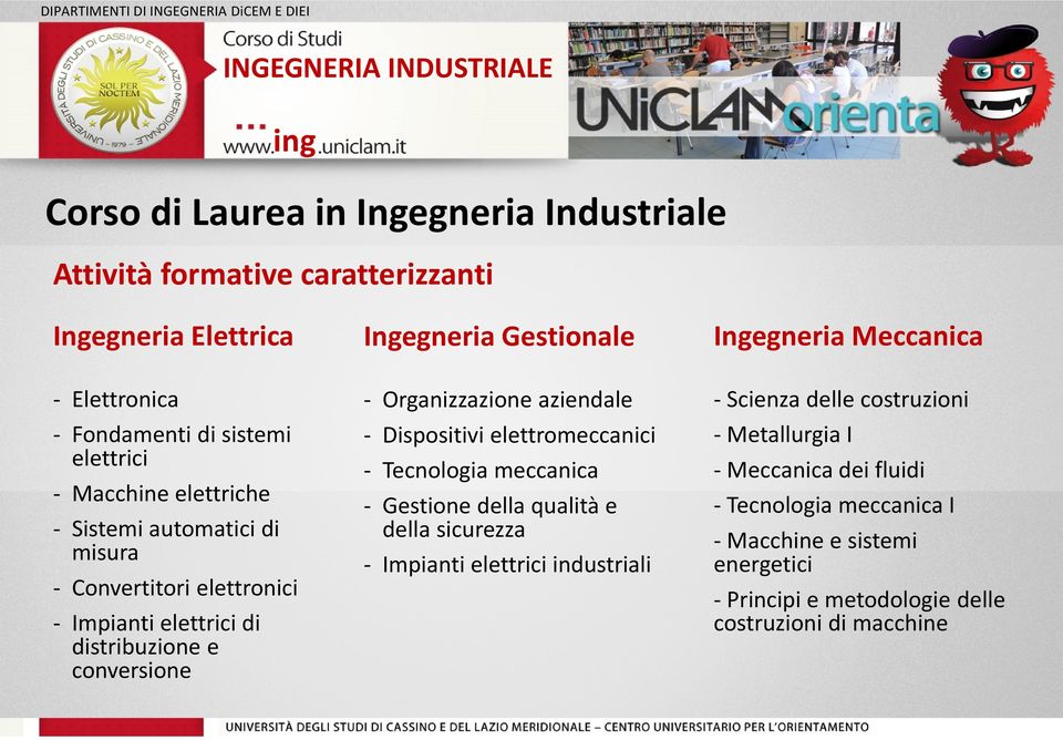 - Organizzazione aziendale - Dispositivi elettromeccanici - Tecnologia meccanica - Gestione della qualità e della sicurezza - Impianti elettrici industriali -