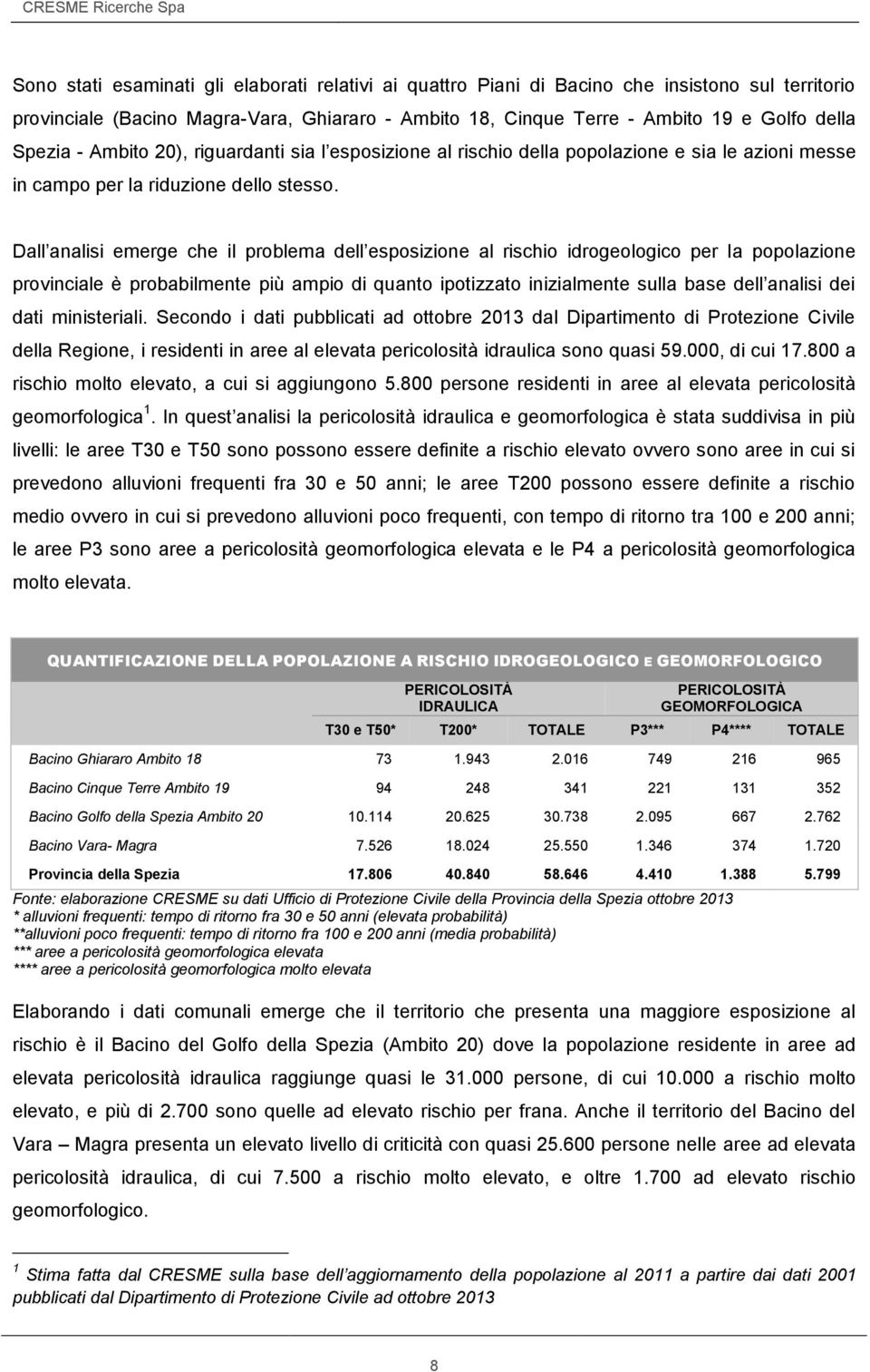 Dall analisi emerge che il problema dell esposizione al rischio idrogeologico per la popolazione provinciale è probabilmente più ampio di quanto ipotizzato inizialmente sulla base dell analisi dei