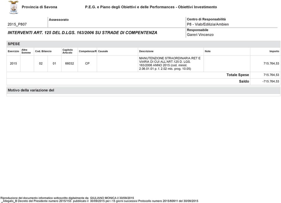 MANUTENZIONE STRAORDINARIA RET E VIARIA DI CUI ALL'ART.125 D. LGS. 163/2006 ANNO 2015(cod. minist. 2.06.01.01 p.