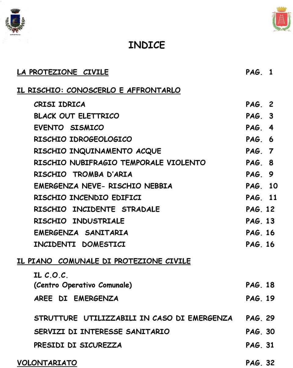11 RISCHIO INCIDENTE STRADALE PAG. 12 RISCHIO INDUSTRIALE PAG. 13 EMERGENZA SANITARIA PAG. 16 INCIDENTI DOMESTICI PAG. 16 IL PIANO COMUNALE DI PROTEZIONE CIVILE IL C.O.C. (Centro Operativo Comunale) PAG.