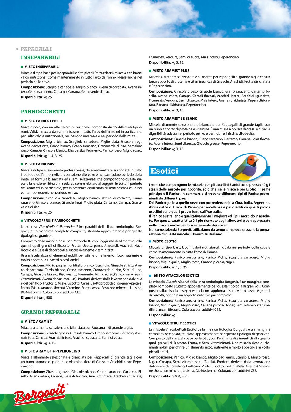 Parrocchetti MISTO PARROCCHETTI Miscela ricca, con un alto valore nutrizionale, composta da 15 differenti tipi di semi.