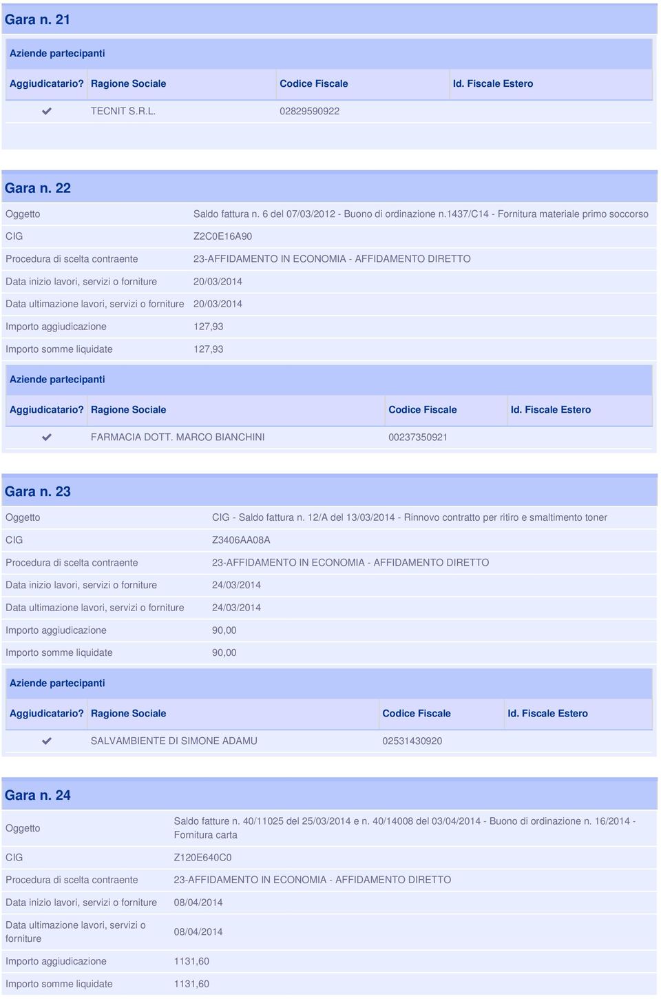 MARCO BIANCHINI 00237350921 Gara n. 23 - Saldo fattura n.