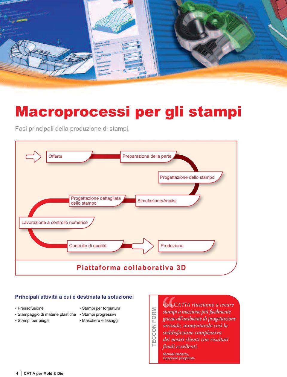 Piattafma collabativa 3D Principali attività a cui è destinata la soluzione: Pressofusione Stampi per fgiatura Stampaggio marie plastiche Stampi progressivi Stampi per piega