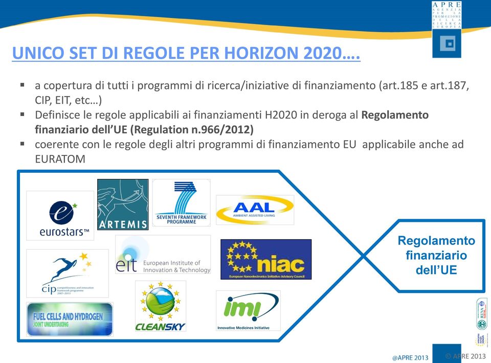 187, CIP, EIT, etc ) Definisce le regole applicabili ai finanziamenti H2020 in deroga al