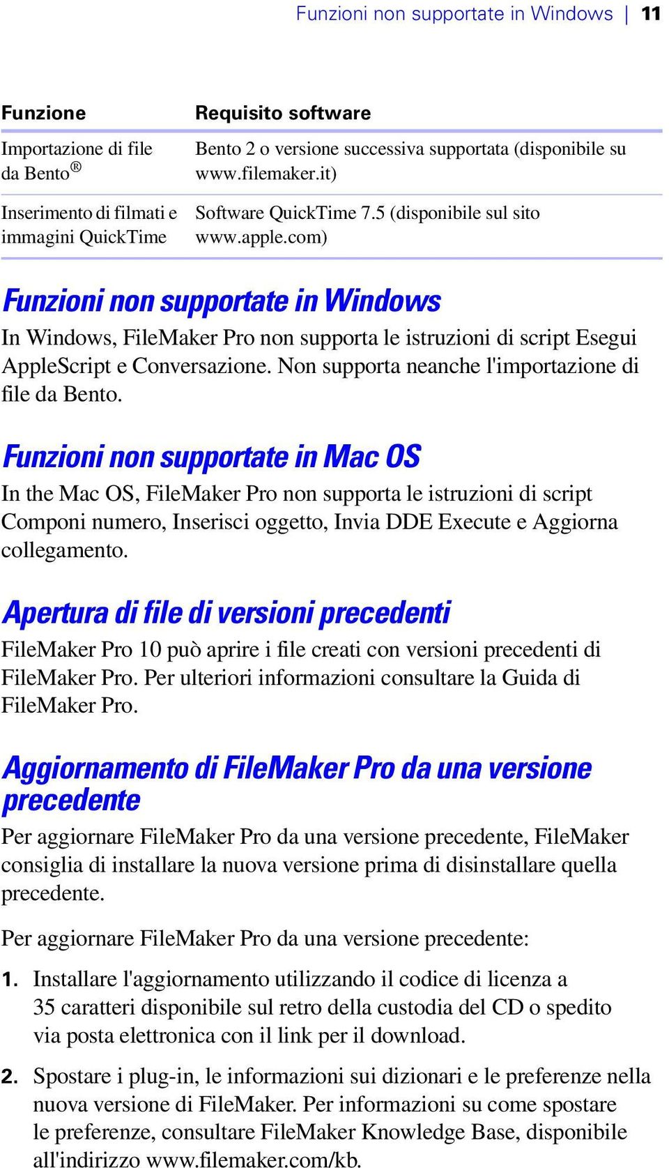 com) Funzioni non supportate in Windows In Windows, FileMaker Pro non supporta le istruzioni di script Esegui AppleScript e Conversazione. Non supporta neanche l'importazione di file da Bento.