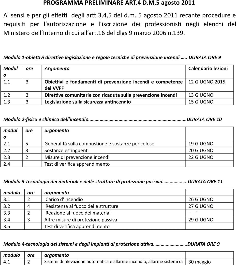 Modulo 1-obiettivi direttive legislazione e regole tecniche di prevenzione incendi.. DURATA ORE 9 Modul ore Argomento Calendario lezioni o 1.