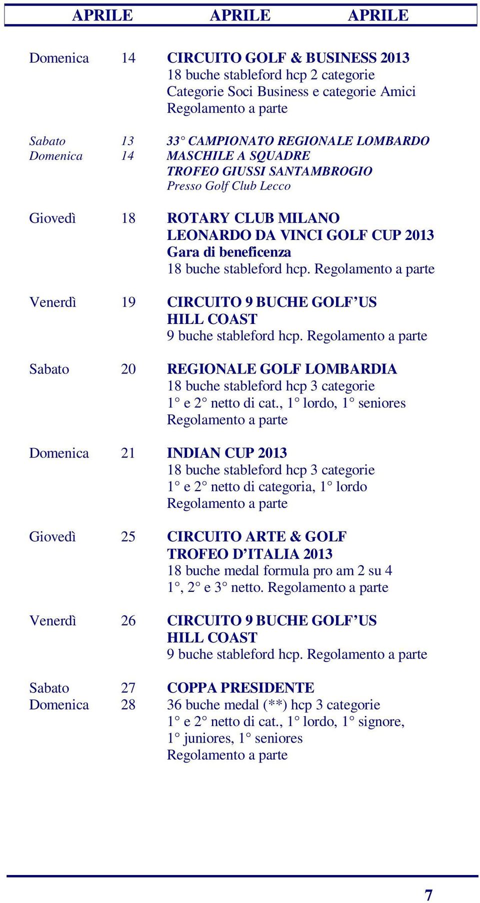 Venerdì 19 CIRCUITO 9 BUCHE GOLF US HILL COAST 9 buche stableford hcp.