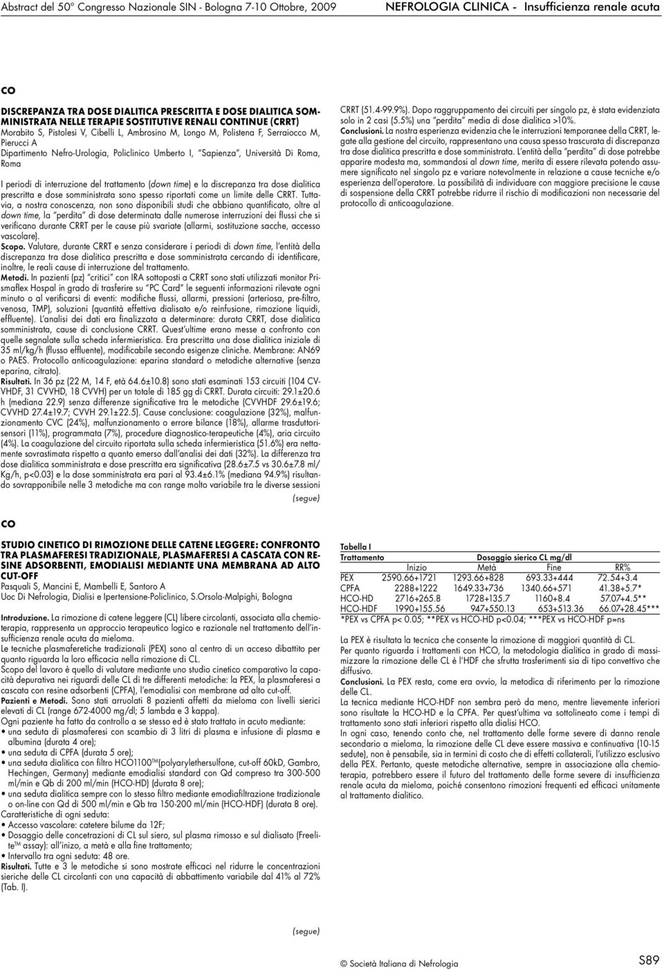 interruzione del trattamento (down time) e la discrepanza tra dose dialitica prescritta e dose somministrata sono spesso riportati come un limite delle CRRT.