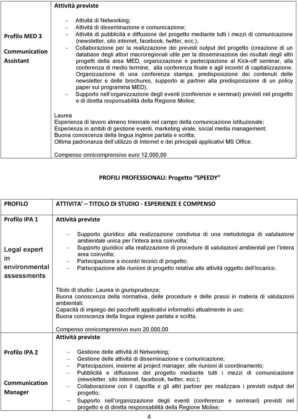 ); Collaborazione per la realizzazione dei previsti output del progetto (creazione di un database degli attori macroregionali utile per la disseminazione dei risultati degli altri progetti della area