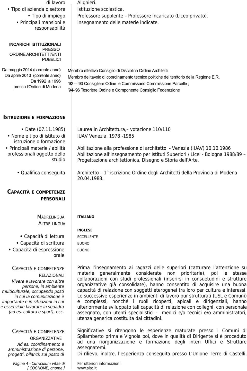 tecnico politiche del territorio della Regione ER 92 93 Consigliere Odine e Commissario Commissione Parcelle ; 94-96 Tesoriere Ordine e Componente Consiglio Federazione ISTRUZIONE E FORMAZIONE Date