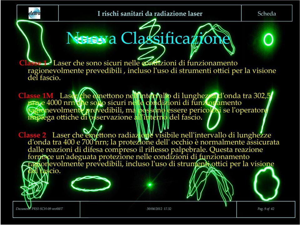 Classe 1M - Laser che emecono nell'ʹintervallo di lunghezza d'ʹonda tra 302,5 nrn e 4000 nrn che sono sicuri nelle condizioni di funzionamento ragionevolmente prevedibili, ma possono essere