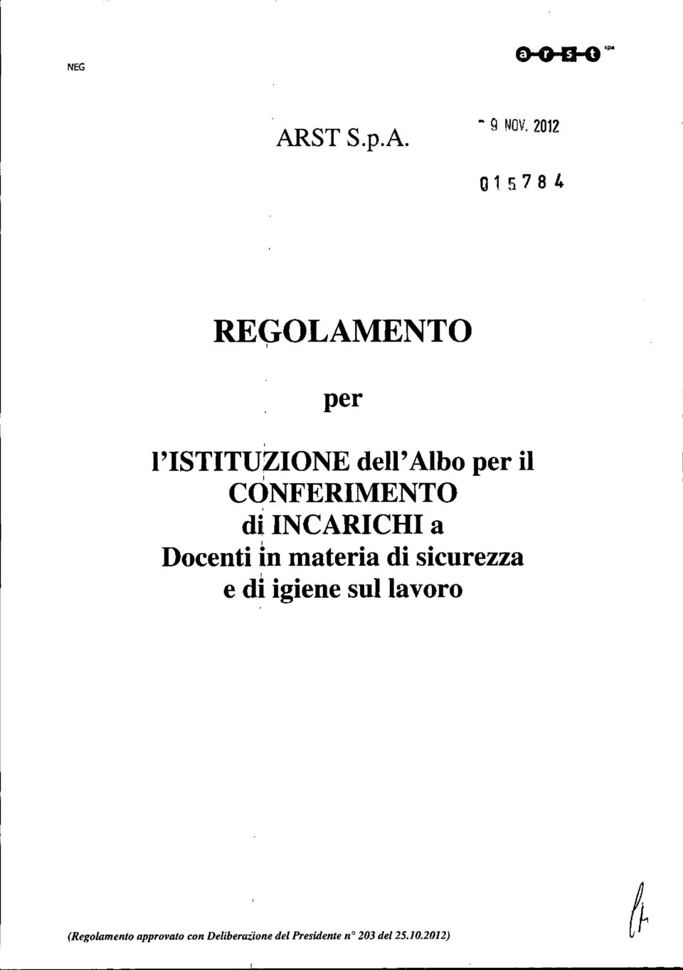 - 9 NOV,2012 015784 REGOLAMENTO, per l'istituzione dell' Albo