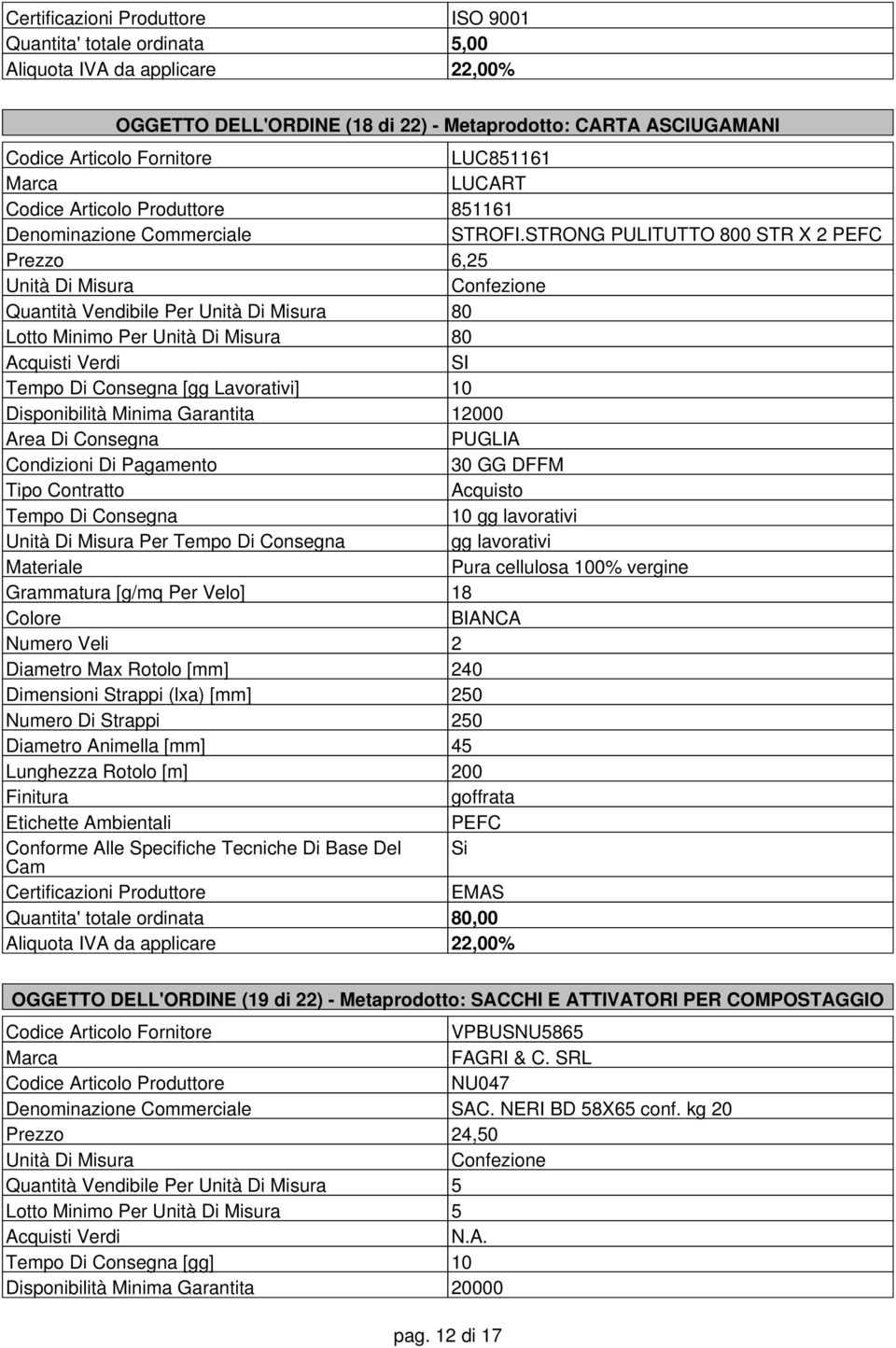 cellulosa 100% vergine Grammatura [g/mq Per Velo] 18 BIANCA Numero Veli 2 Diametro Max Rotolo [mm] 240 Dimensioni Strappi (lxa) [mm] 250 Numero Di Strappi 250 Diametro Animella [mm] 45 Lunghezza