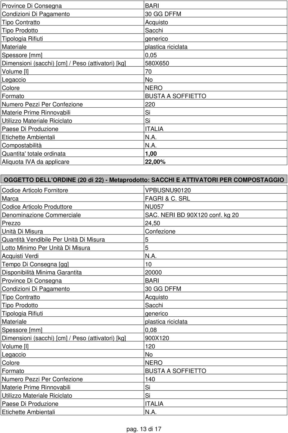 SACCHI E ATTIVATORI PER COMPOSTAGGIO VPBUSNU90120 FAGRI & C. SRL NU057 Deminazione Commerciale SAC. NERI BD 90X120 conf.