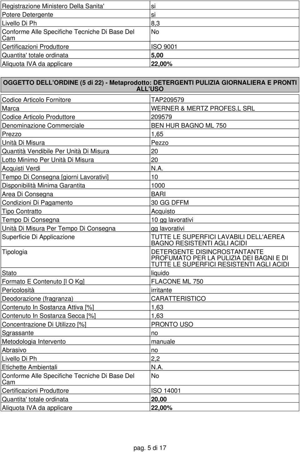 L SRL 209579 Deminazione Commerciale BEN HUR BAGNO ML 750 Prezzo 1,65 Quantità Vendibile Per 20 Lotto Minimo Per 20 [giorni Lavorativi] 10 Disponibilità Minima Garantita 1000 Area Di Consegna Per