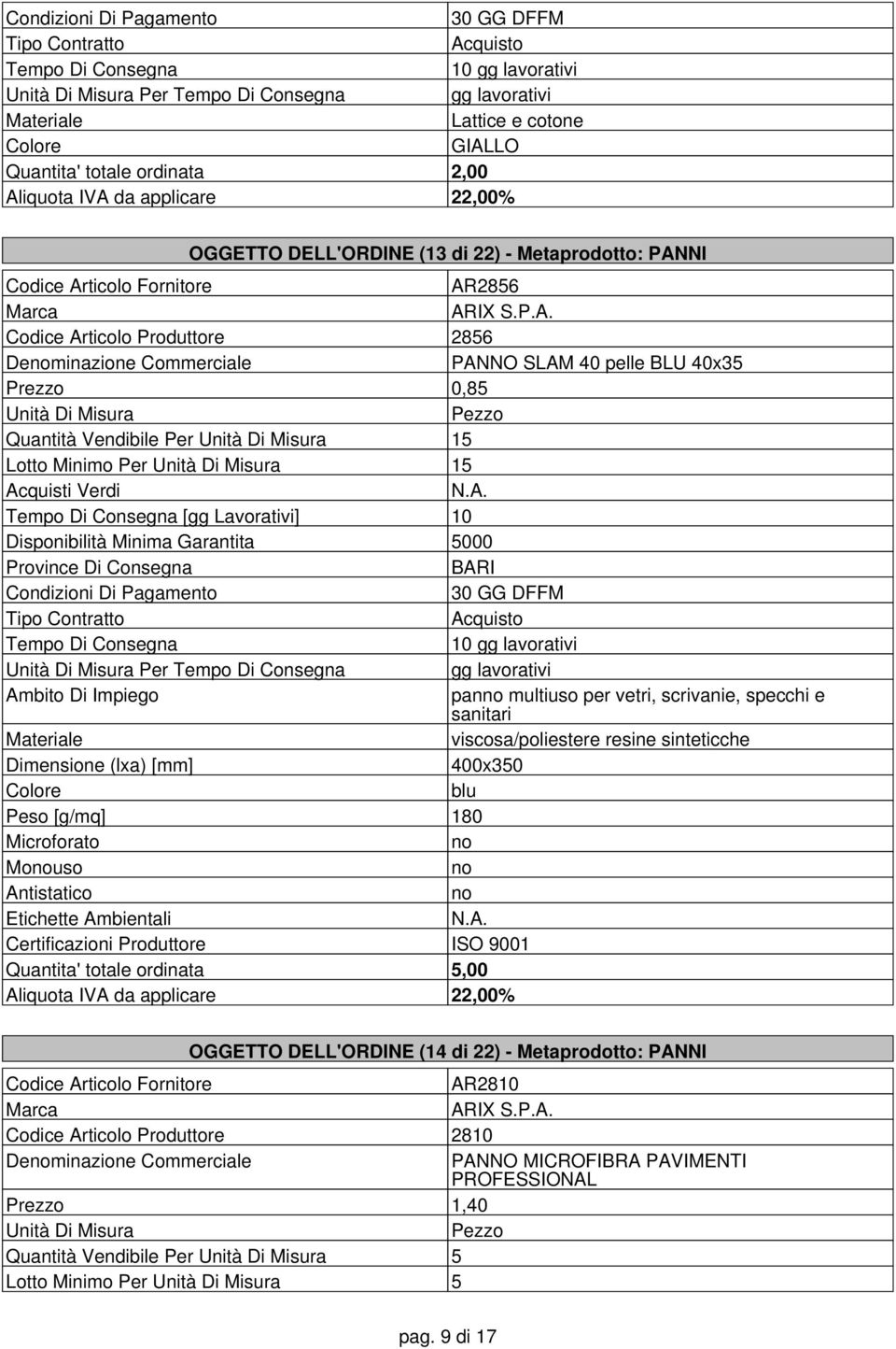 NI AR2856 ARIX S.P.A. 2856 Deminazione Commerciale PANNO SLAM 40 pelle BLU 40x35 Prezzo 0,85 Quantità Vendibile Per 15 Lotto Minimo Per 15 [gg Lavorativi] 10 Per Ambito Di