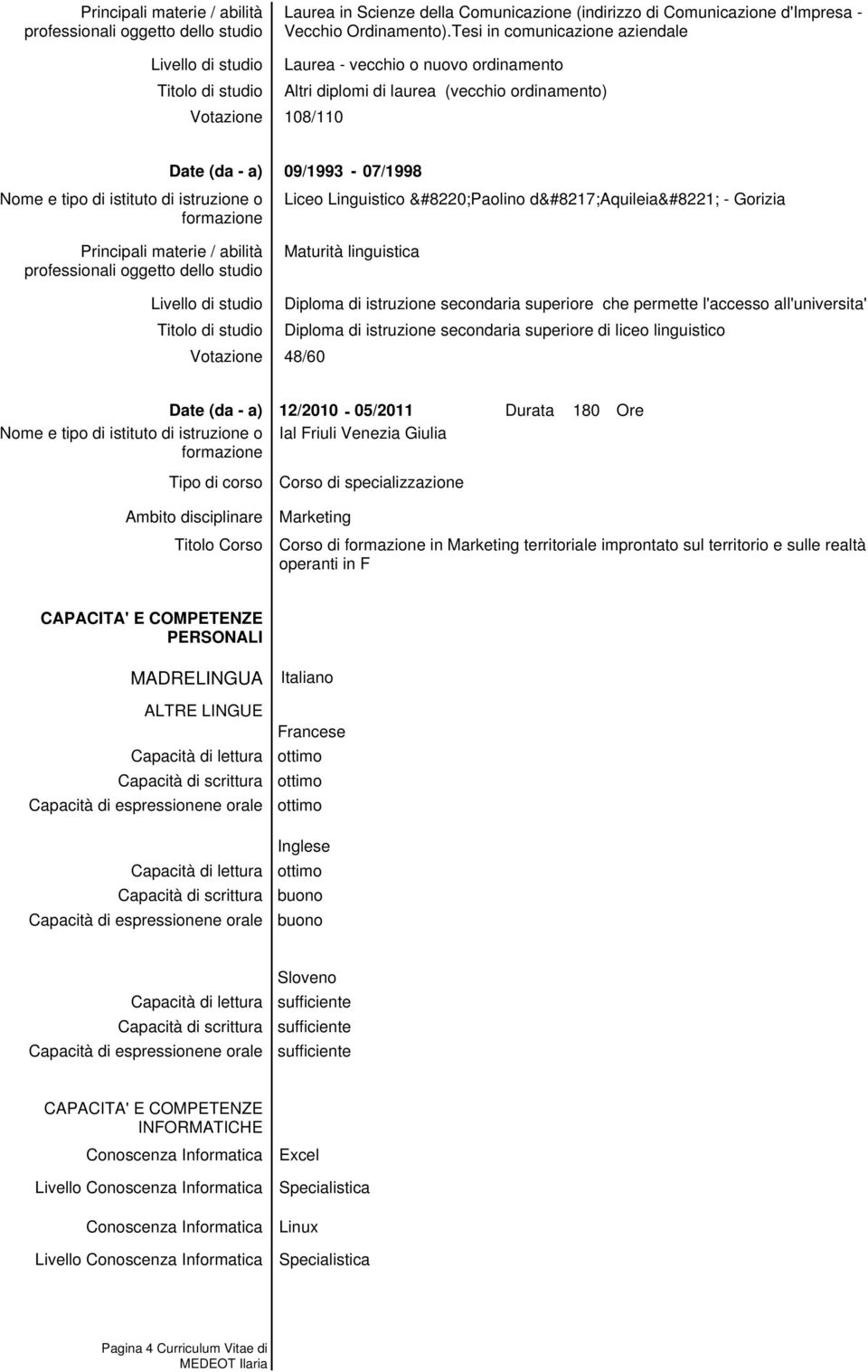 Livello di studio Titolo di studio Votazione 09/1993-07/1998 Liceo Linguistico Paolino d Aquileia - Gorizia Maturità linguistica Diploma di istruzione secondaria superiore che permette l'accesso