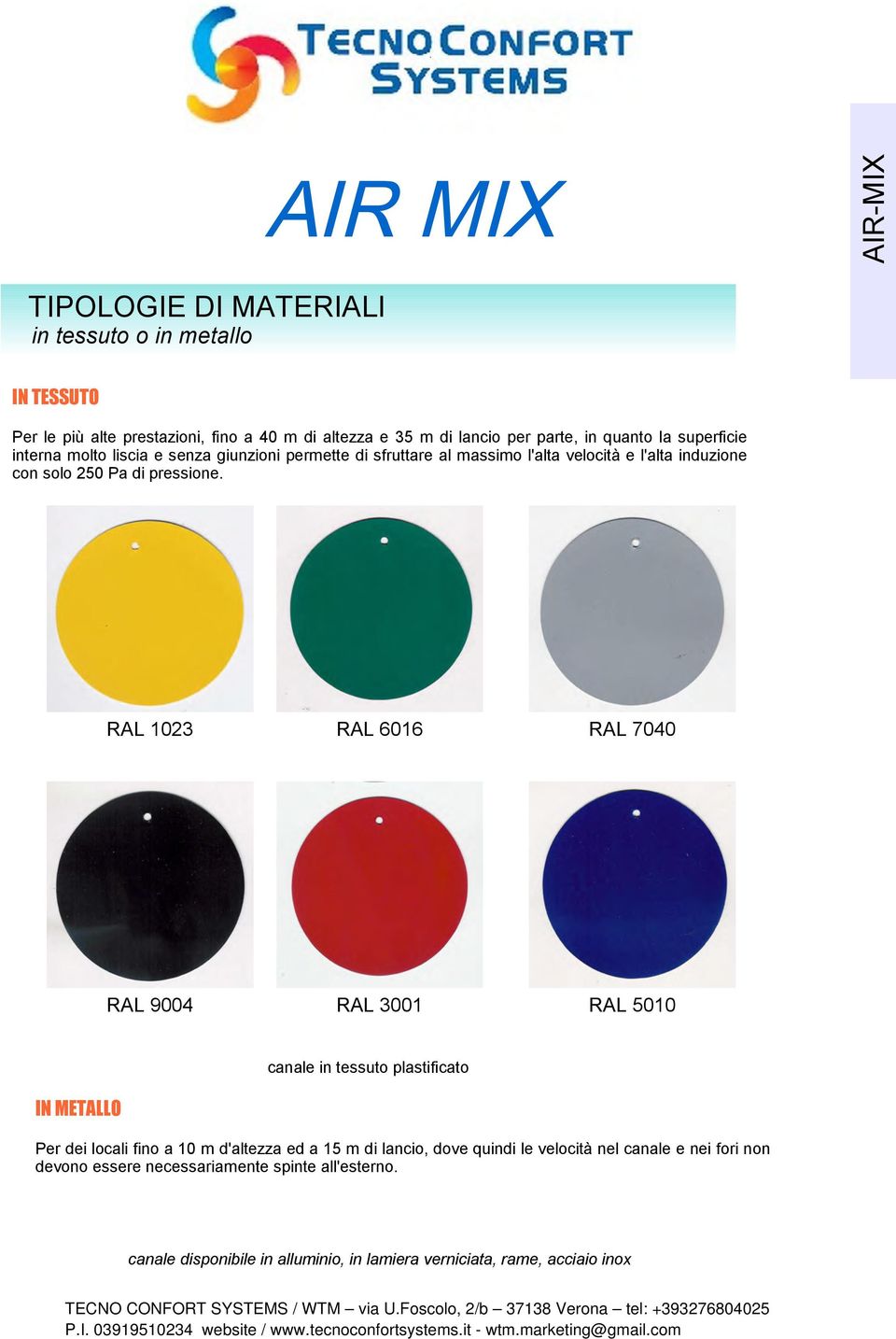 RAL 1023 RAL 6016 RAL 7040 RAL 9004 RAL 3001 RAL 5010 IN METALLO canale in tessuto plastificato Per dei locali fino a 10 m d'altezza ed a 15 m di lancio,