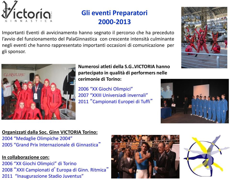 .VICTORIA hanno partecipato in qualità di performers nelle cerimonie di Torino: 2006 XX Giochi Olimpici 2007 XXIII Universiadi invernali 2011 Campionati Europei di Tuffi Organizzati