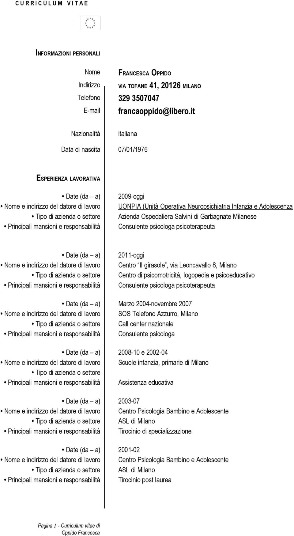 Neuropsichiatria Infanzia e Adolescenza Azienda Ospedaliera Salvini di Garbagnate Milanese Consulente psicologa psicoterapeuta Date (da a) Nome e indirizzo del datore di lavoro Principali mansioni e