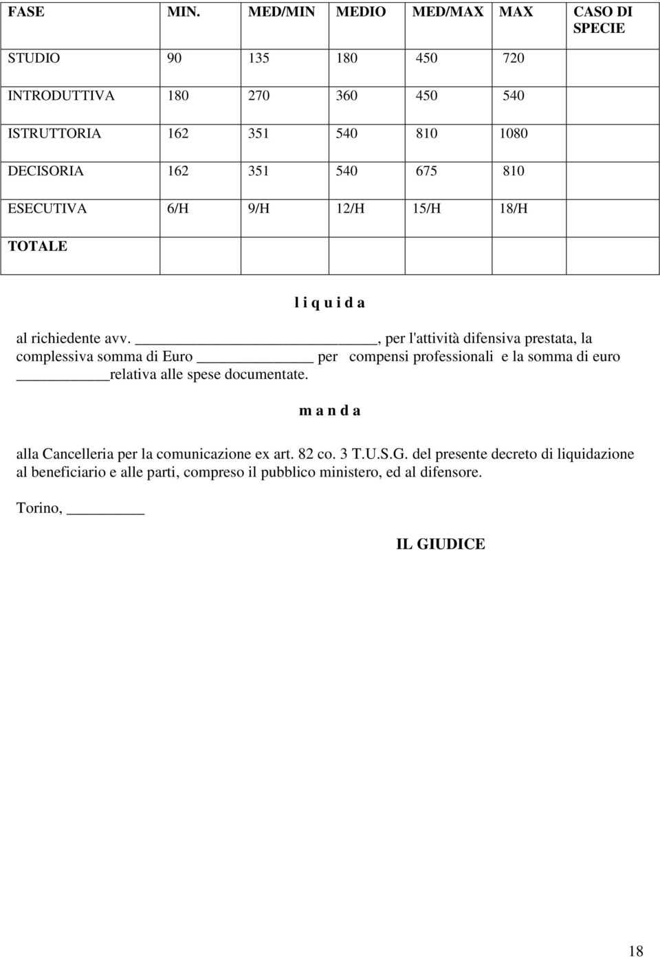 540 675 810 ESECUTIVA 6/H 9/H 12/H 15/H 18/H TOTALE l i q u i d a al richiedente avv.