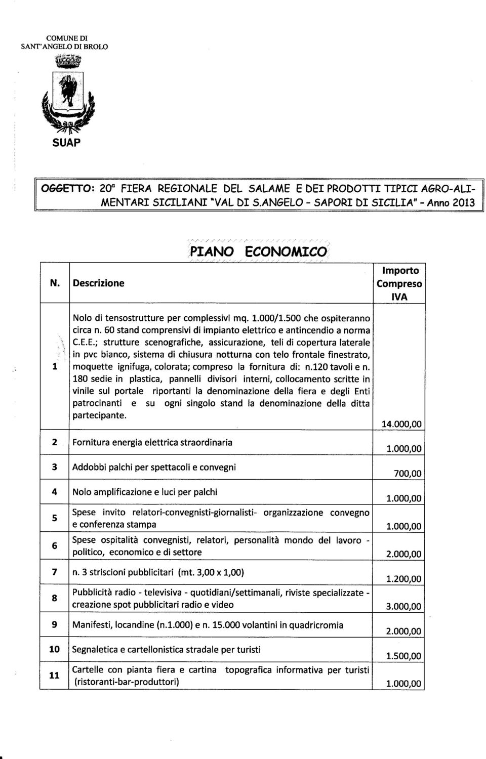 E.; strutture scenografiche, assicurazione, teli di copertura laterale in pvc bianco, sistema di chiusura notturna con telo frontale finestrato, moquette ignifuga, colorata; compreso la fornitura di: